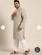 Men's Cotton Linen Cream and Multi Printed Kurta and White Pyjama in Berlin