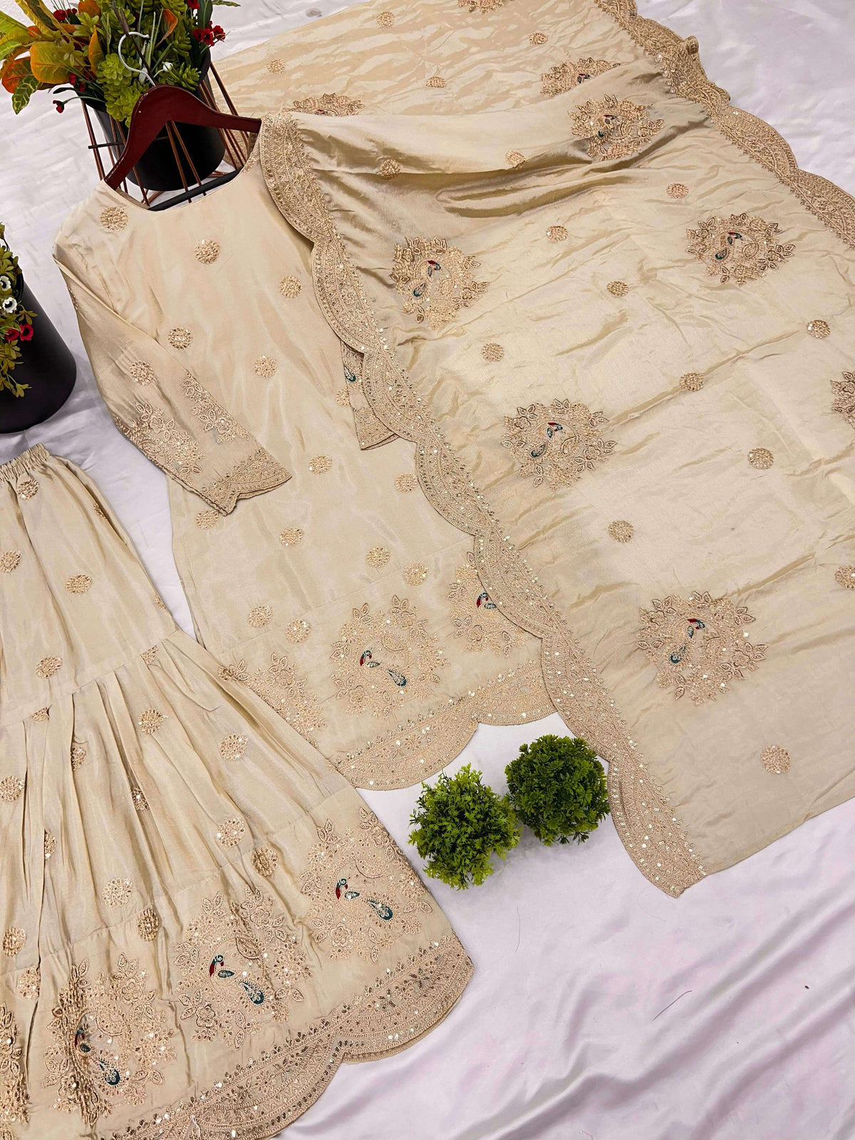Pure Chinnon With Heavy Embroidery Coding Dori-Sequence Work Top-Bottom And Dupatta Set in Germany