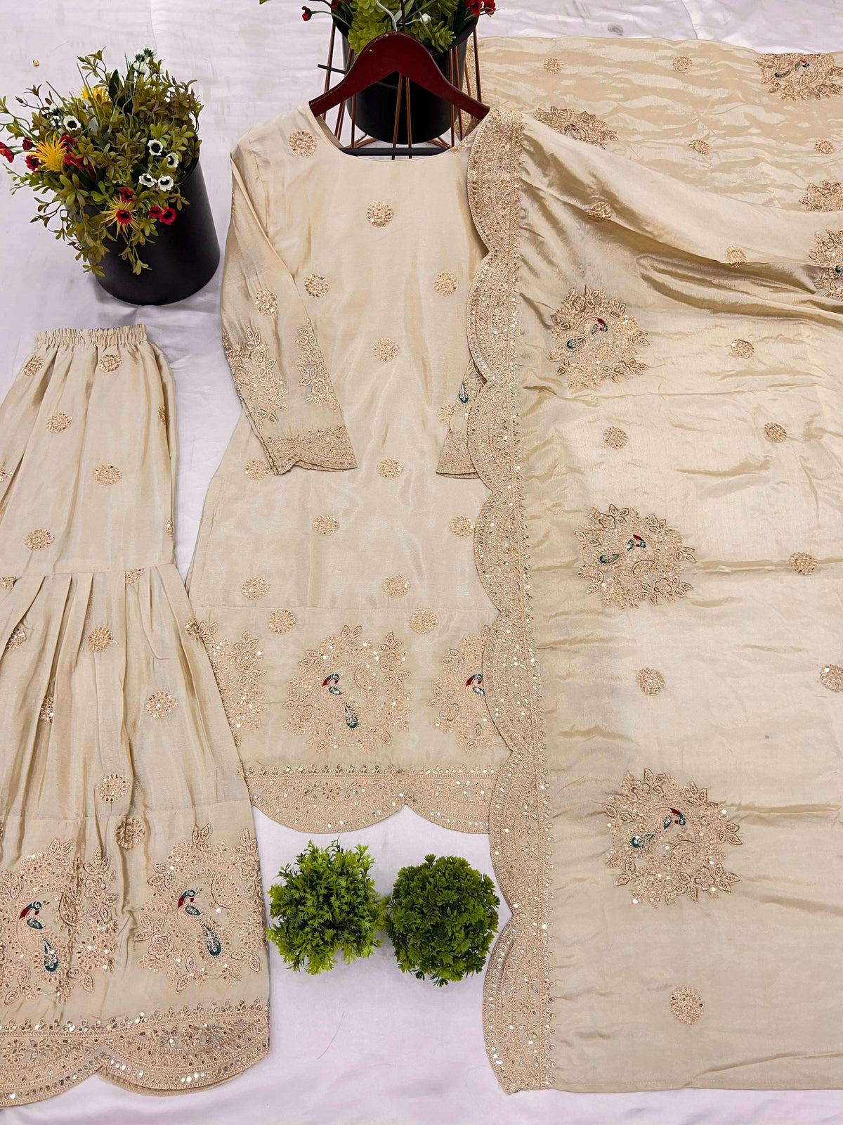 Pure Chinnon With Heavy Embroidery Coding Dori-Sequence Work Top-Bottom And Dupatta Set in Germany