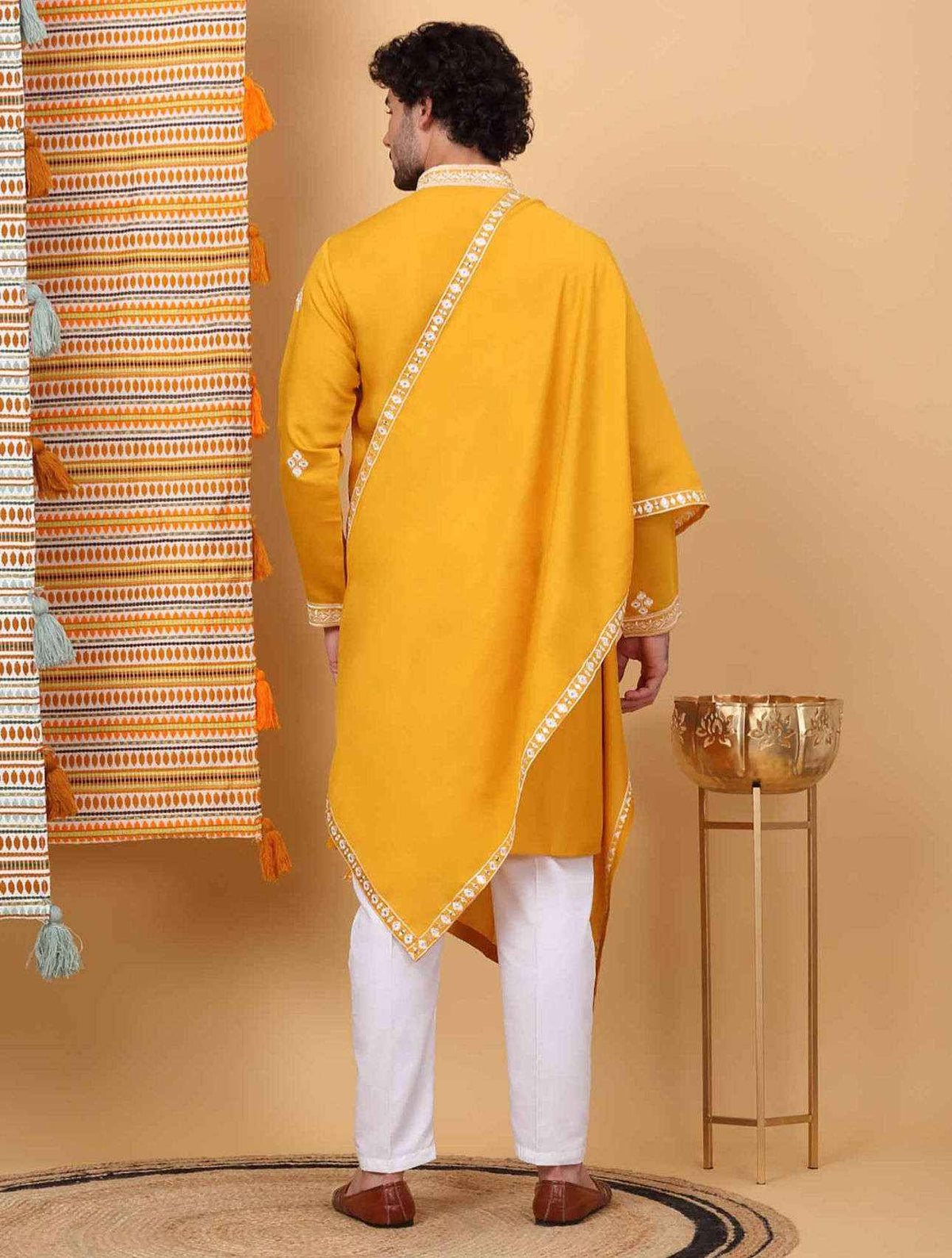 Men Yellow Embroidered Kurta with Trouser with Stole in Germany