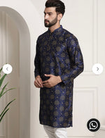 MEN'S SILK BLEND NAVY BLUE PRINTED LONG KURTA WITH PAJAMA IN GERMANY