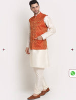 Silk Blend Kurta And Churidar With Jacquard Red Nehru Jacket