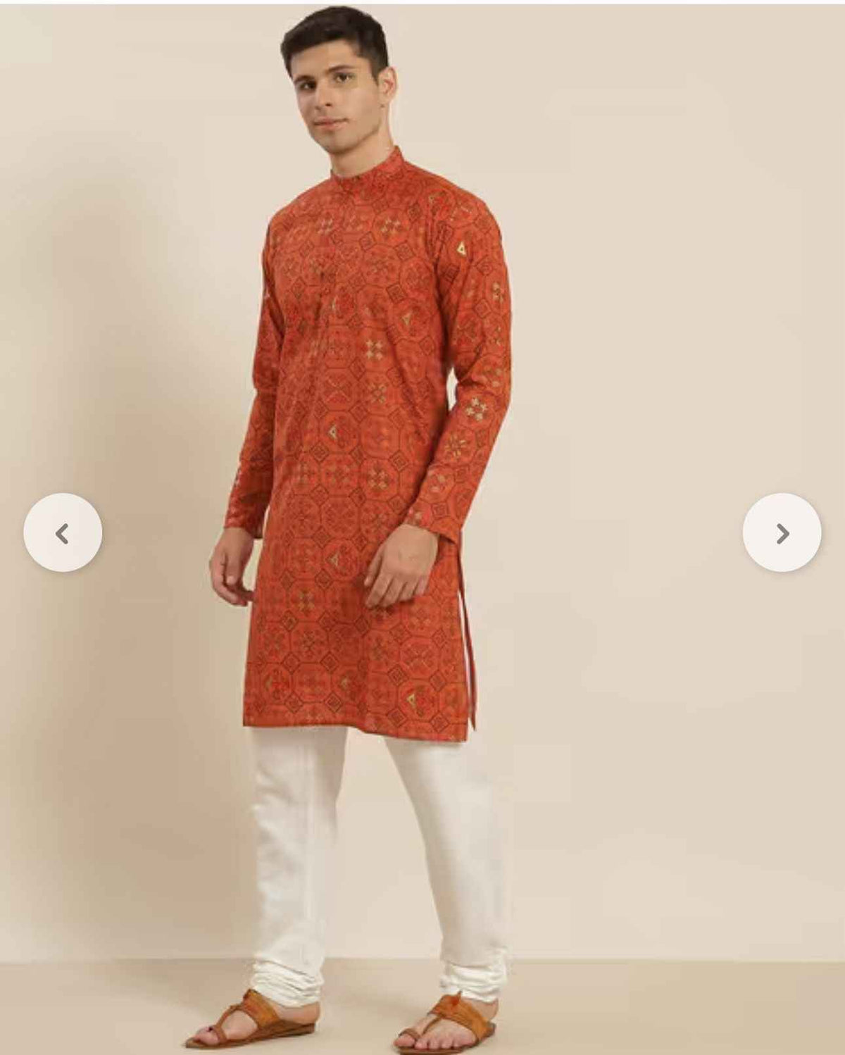 Men's Cotton Linen Orange and Multi Printed Kurta and White Pyjama in Berlin