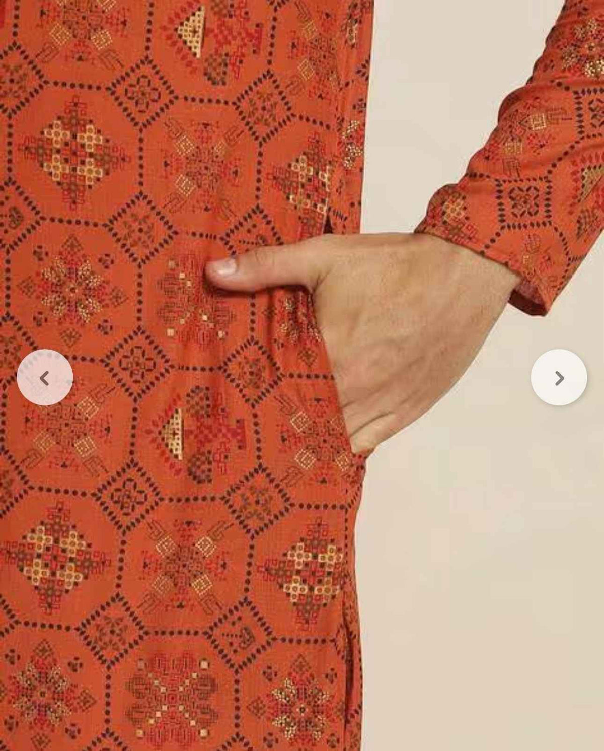 Men's Cotton Linen Orange and Multi Printed Kurta and White Pyjama in Berlin