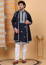Men Blue Embroidered Kurta with Trouser with Stole in Germany