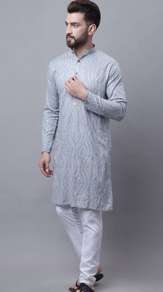 Ethnic Motifs Embroidered Mandarin Collar Straight Cotton Silk Kurta & Pyjama in Germany