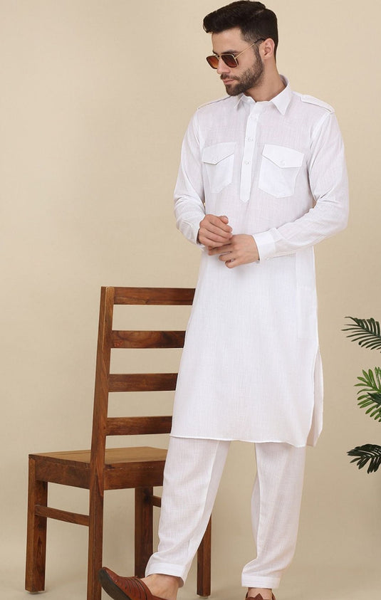 Shirt Collar Cuffed Sleeves Pure Cotton Pathani Kurta With Salwar in Germany
