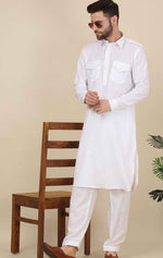 Shirt Collar Cuffed Sleeves Pure Cotton Pathani Kurta With Salwar in Germany