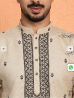 Yoke Design Embroidered Cotton Beige Kurta and Pajama in Berlin