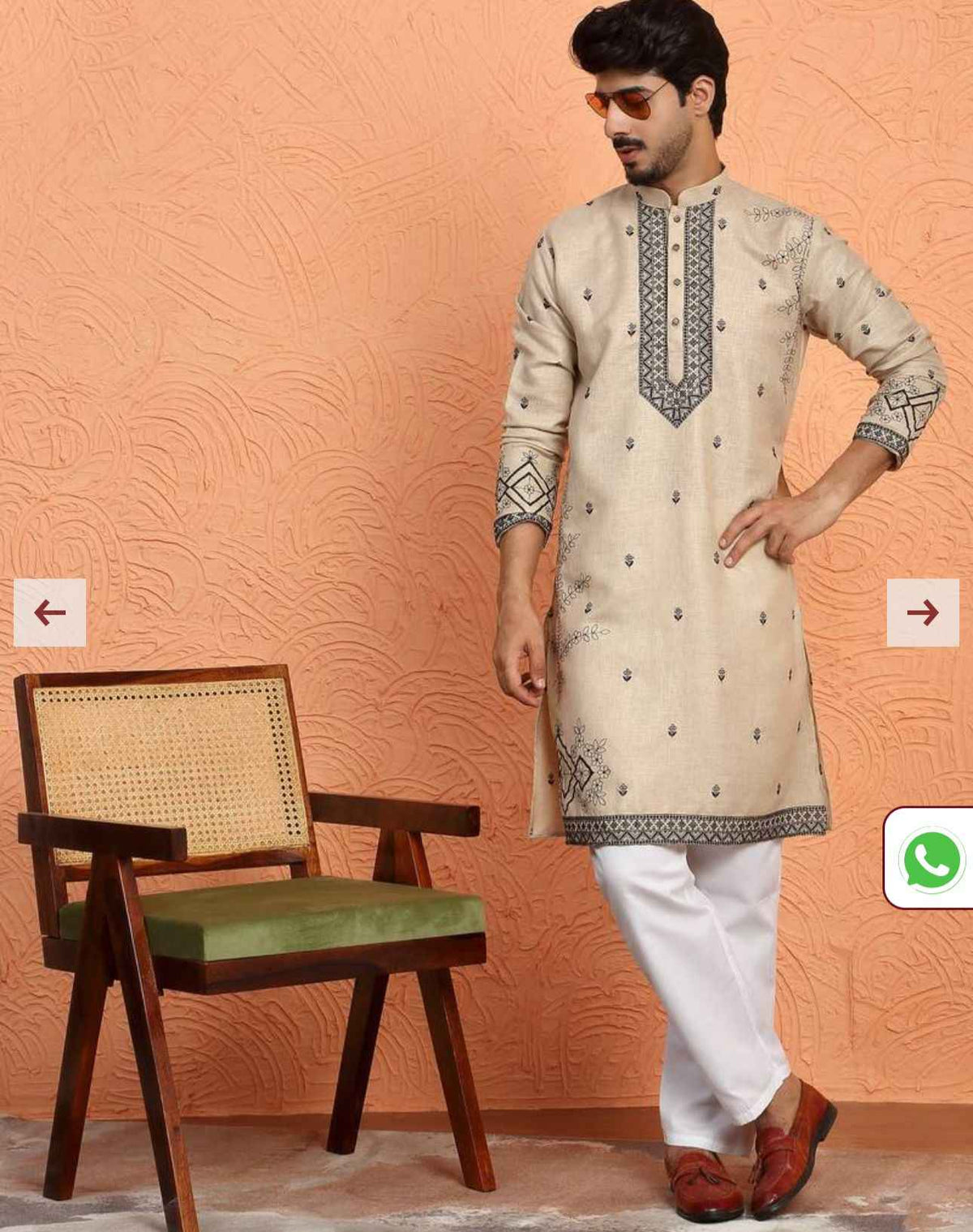 Yoke Design Embroidered Cotton Beige Kurta and Pajama in Berlin