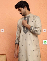 Yoke Design Embroidered Cotton Beige Kurta and Pajama in Berlin