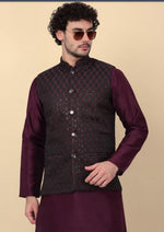 Silk Blend Kurta And Churidar With Jacquard Red Nehru Jacket