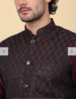 Silk Blend Kurta And Churidar With Jacquard Red Nehru Jacket