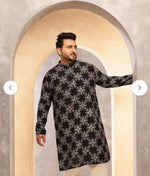 Men's Cotton Linen Printed Black Long Kurta In Germany