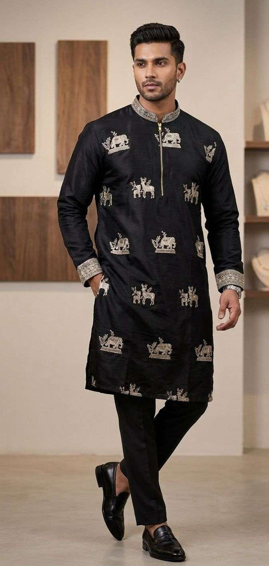 Cotton Silk Ethnic Motifs Embroidered Black Kurta With Trouser Pant in Germany Namma Markt