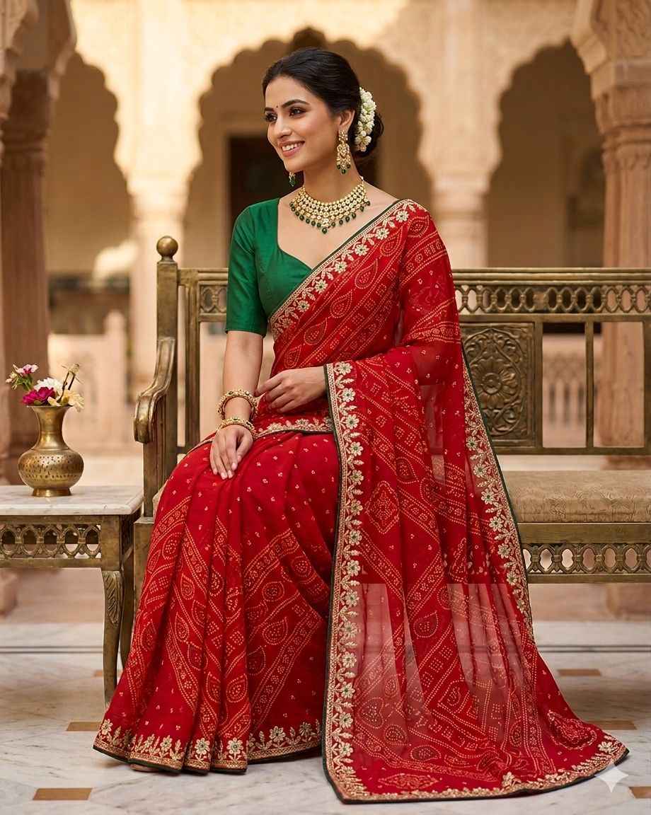 Red Bandhani Saree unstitched blouse in Germany