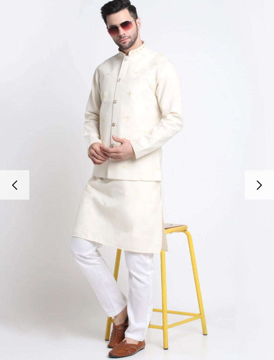 Men's Cotton Blend Solid Kurta and White Elastic Waistband Pyjama With Cotton Embroided Sequenced Nehru Jacket in Germany