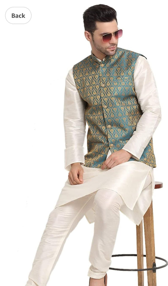 Men Silk Blend Kurta And Pajama Paisley Nehru Jacket Only in Germany