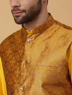 Men's Silk Blend Yellow Kurta, Churidar with Jacquard Silk Blend Floral Nehru Jacket Set in Germany