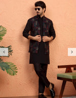 Silk Blend Anchor Work Kurta Trouser Set with Floral Embroidered Nehru Jacket in Berlin