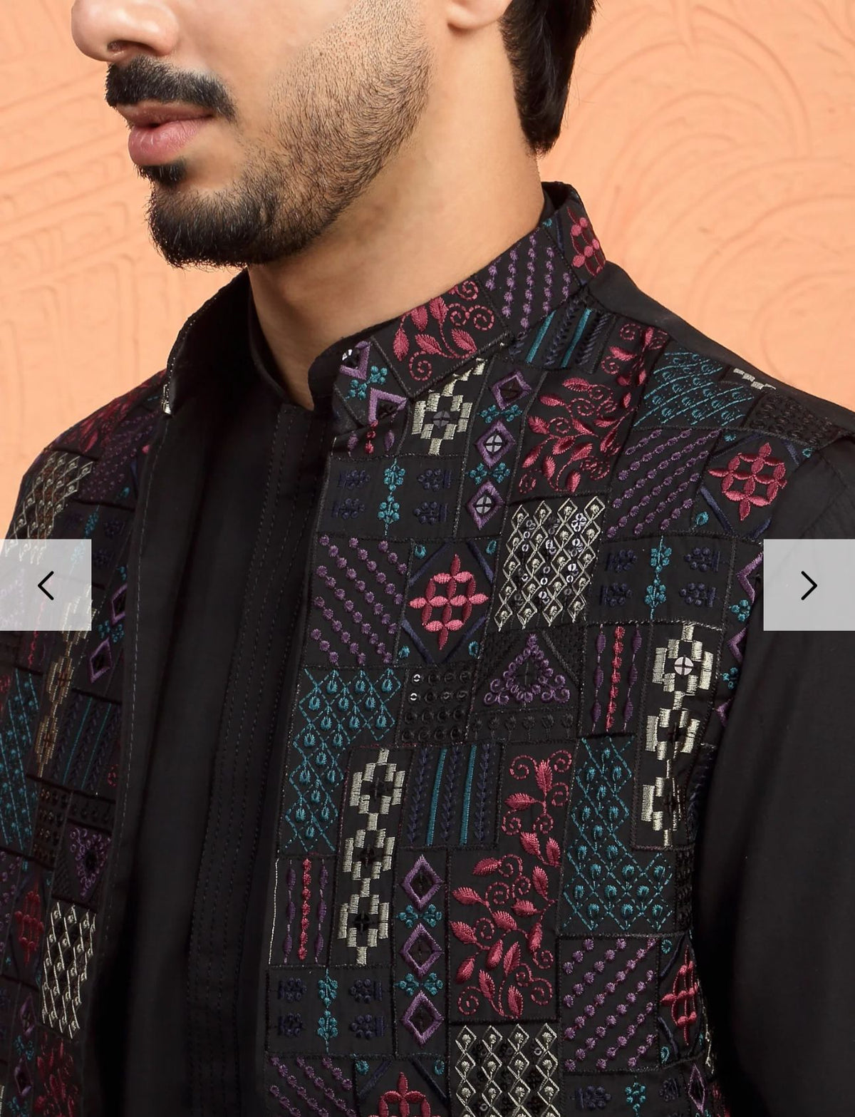 Silk Blend Anchor Work Kurta Trouser Set with Floral Embroidered Nehru Jacket in Berlin