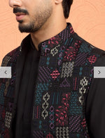 Silk Blend Anchor Work Kurta Trouser Set with Floral Embroidered Nehru Jacket in Berlin