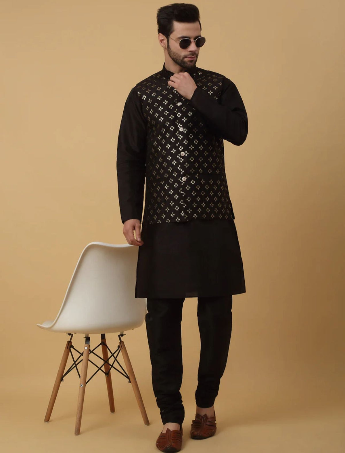 Men's Silk Blend Black Kurta, Churidar with Cotton Silk Sequenced Nehru Jacket Set in Germany