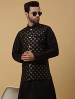Men's Silk Blend Black Kurta, Churidar with Cotton Silk Sequenced Nehru Jacket Set in Germany