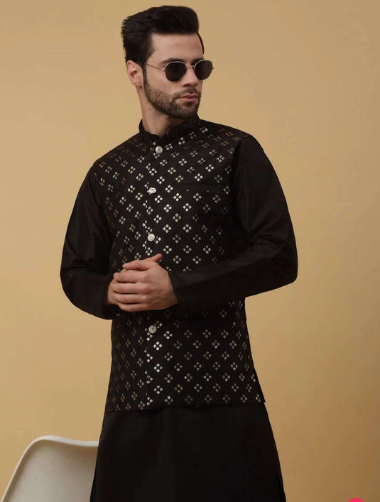Men's Silk Blend Black Kurta, Churidar with Cotton Silk Sequenced Nehru Jacket Set in Germany