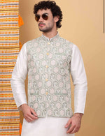 Men White Embroidered Kurta with Churidar and Nehru Jacket Set In Germany Namma Markt