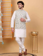 Men White Embroidered Kurta with Churidar and Nehru Jacket Set In Germany
