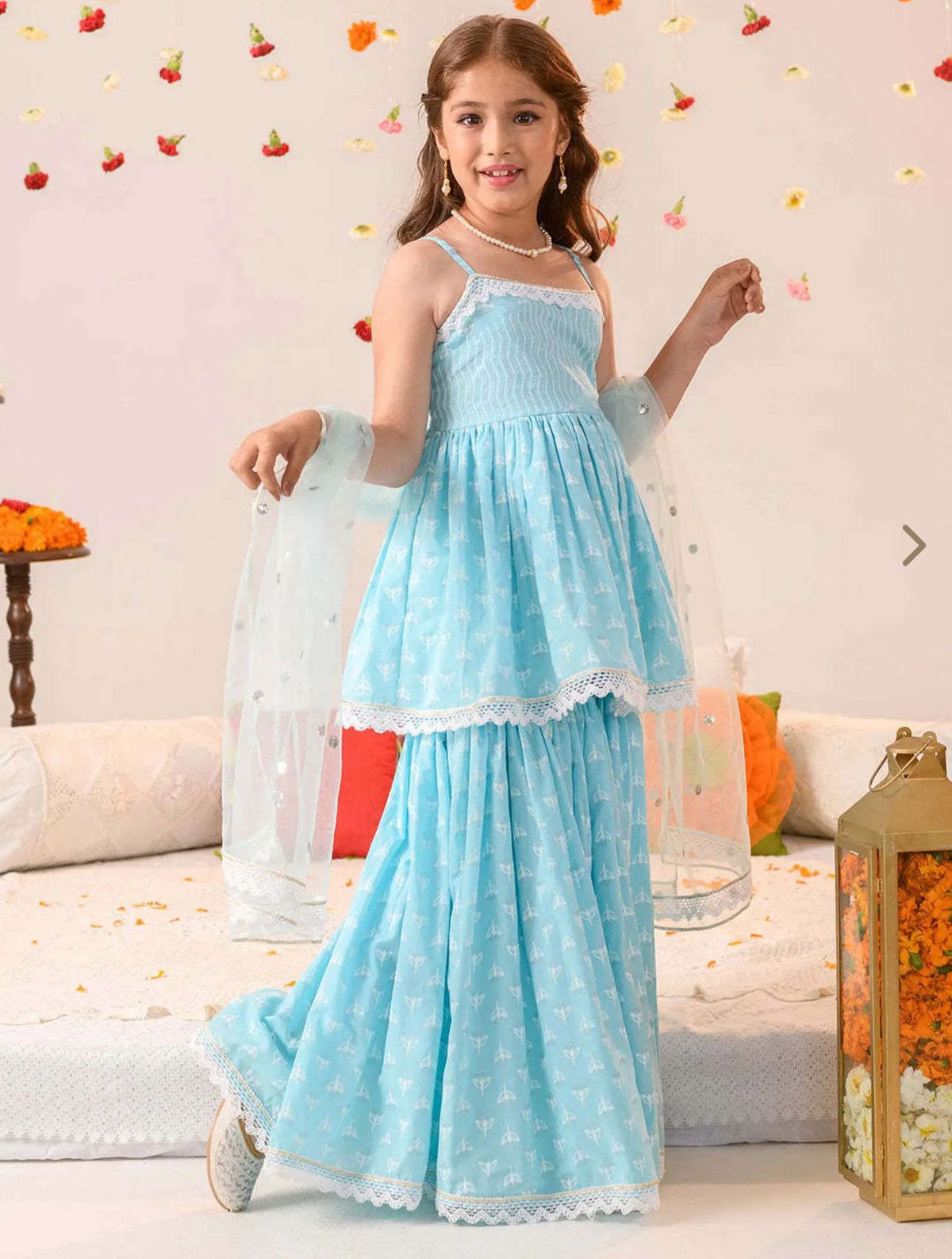 Girls SkyBlue Cotton Regular Fit Printed Kurta Set in Germany