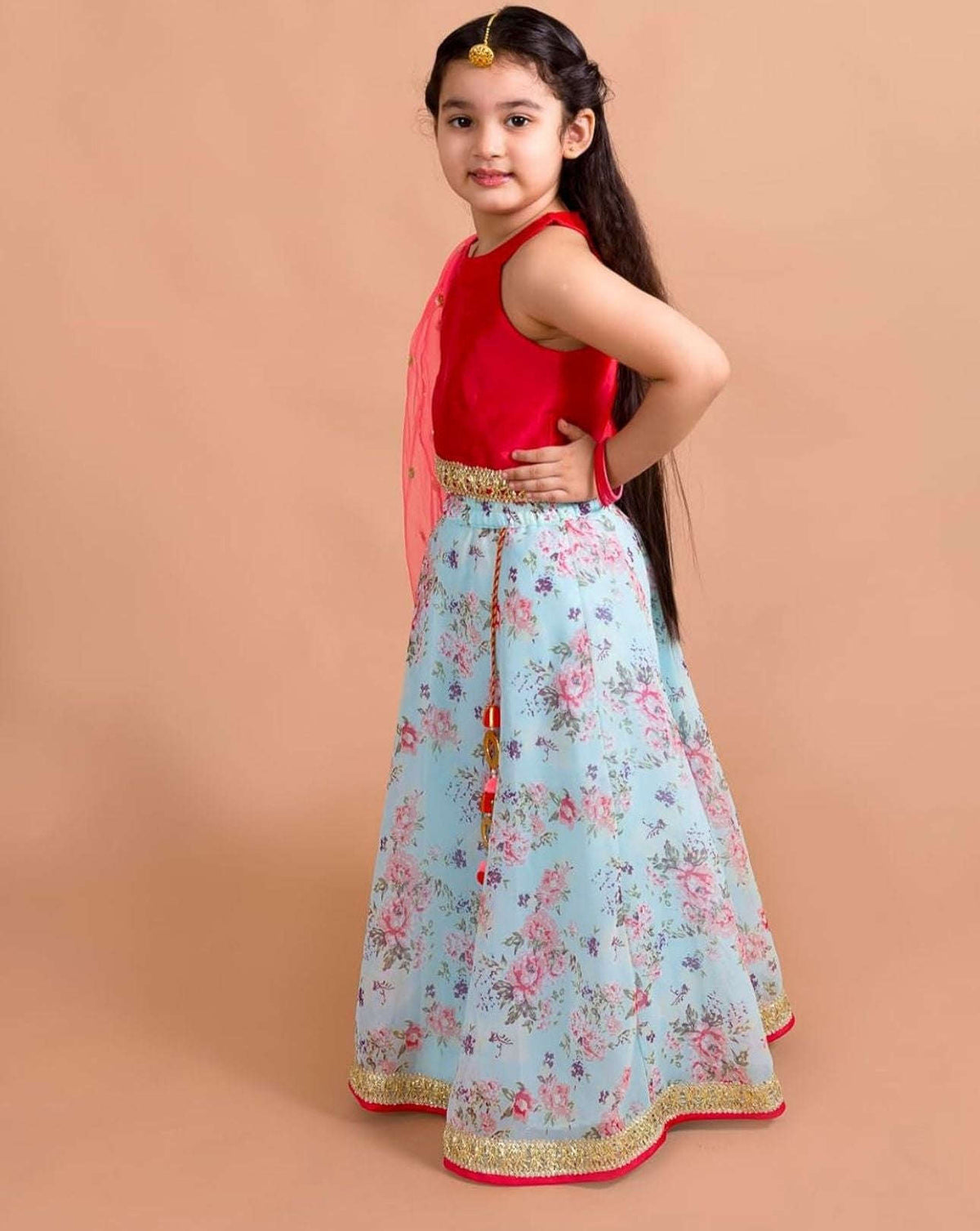 Girls Polyester Red Blue Floral Readymade Lehenga Choli Set in Berlin Namma Markt