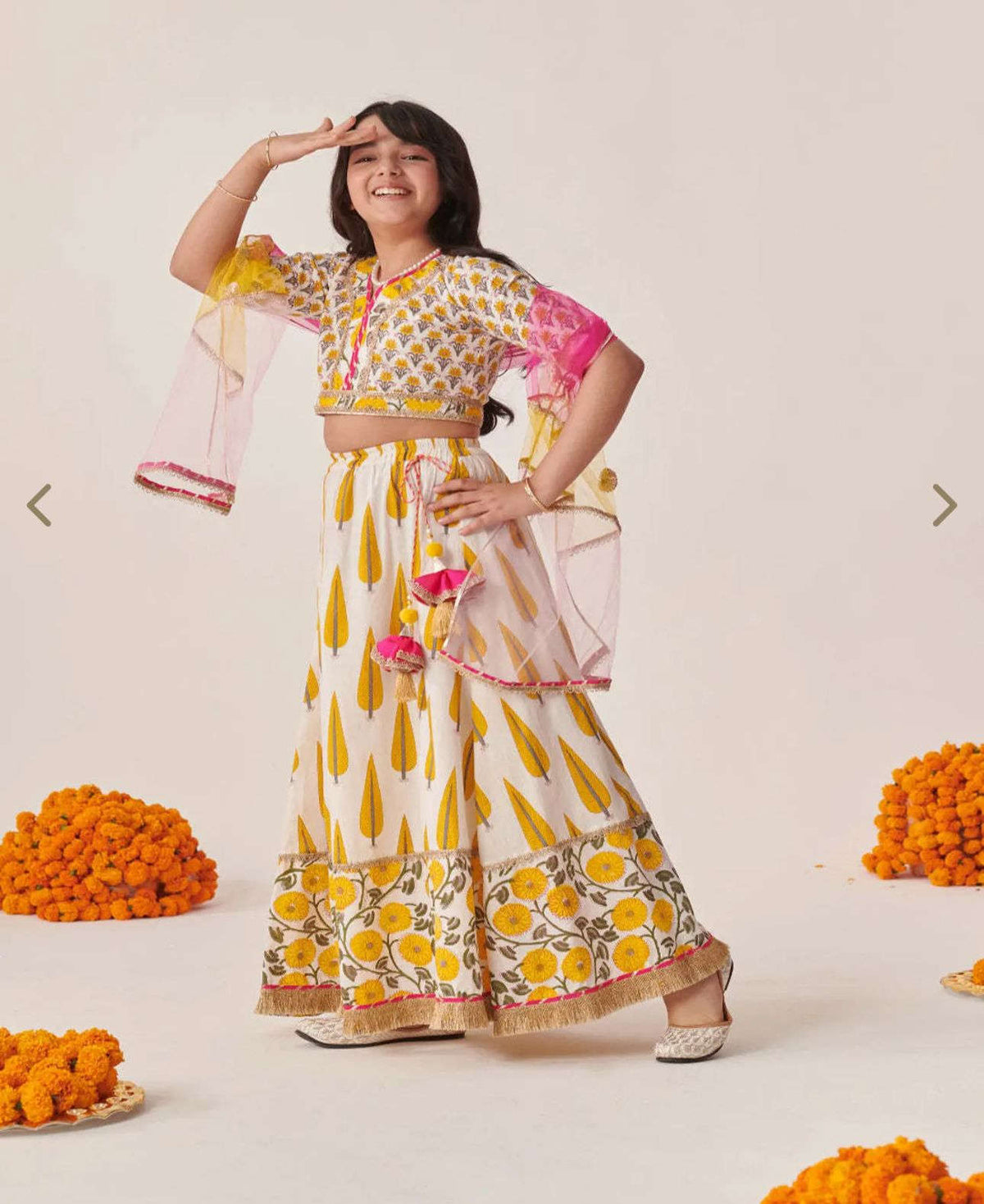Girls Yellow Cotton Regular Fit Printed Lehenga Choli in Germany
