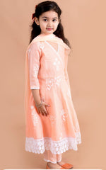 Girls Peach Embroidered Angrakha Kurta Pant Dupatta Set in Berlin