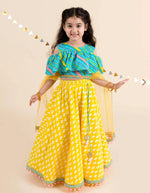 Girls Yellow & Turquoise Blue Cotton Regular Fit Printed Lehenga Choli in Berlin