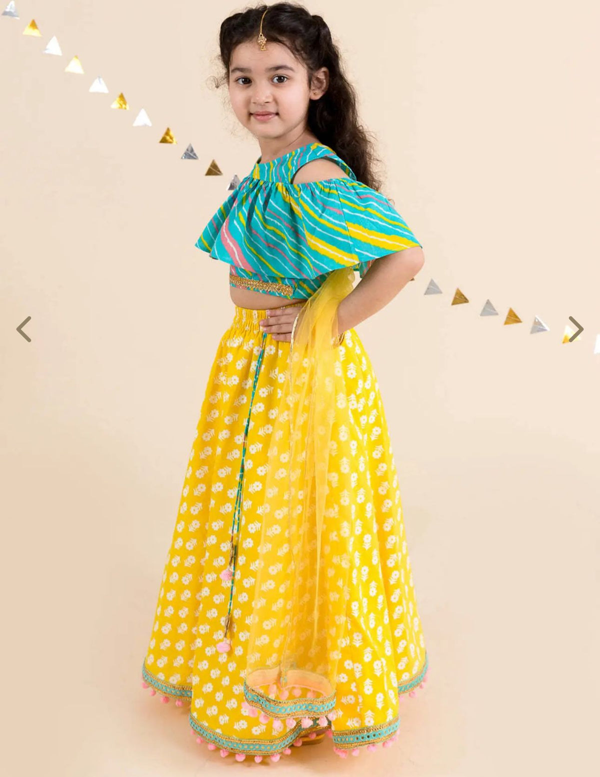 Girls Yellow & Turquoise Blue Cotton Regular Fit Printed Lehenga Choli in Berlin