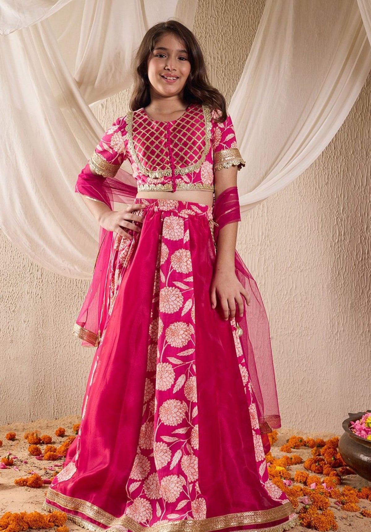 Girls Magenta Floral Print Taffeta Panelled Lehenga & Choli With Dupatta in Berlin