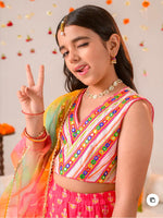 Girls Magenta Ethnic Booti Print Cotton Tiered Lehenga & Choli With Dupatta in Berlin
