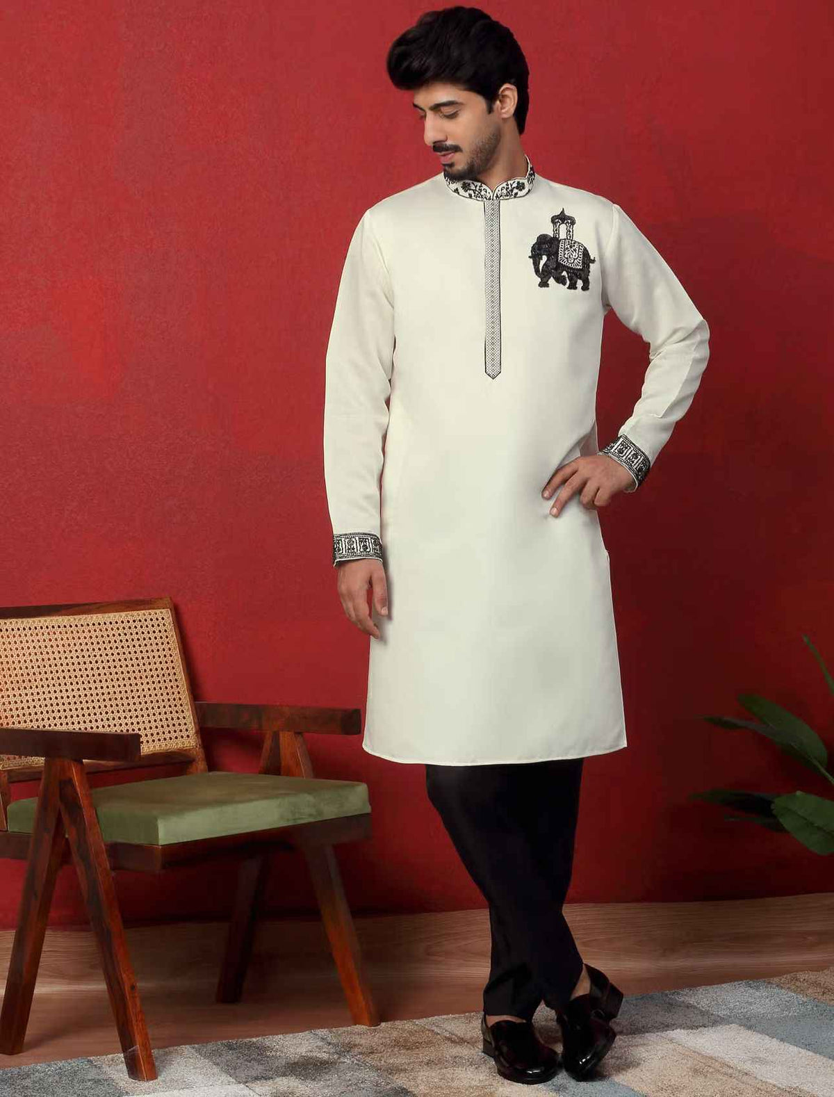 Men's Cotton Silk Beads Work Animal Motifs Cream Kurta with Pant in Berlin