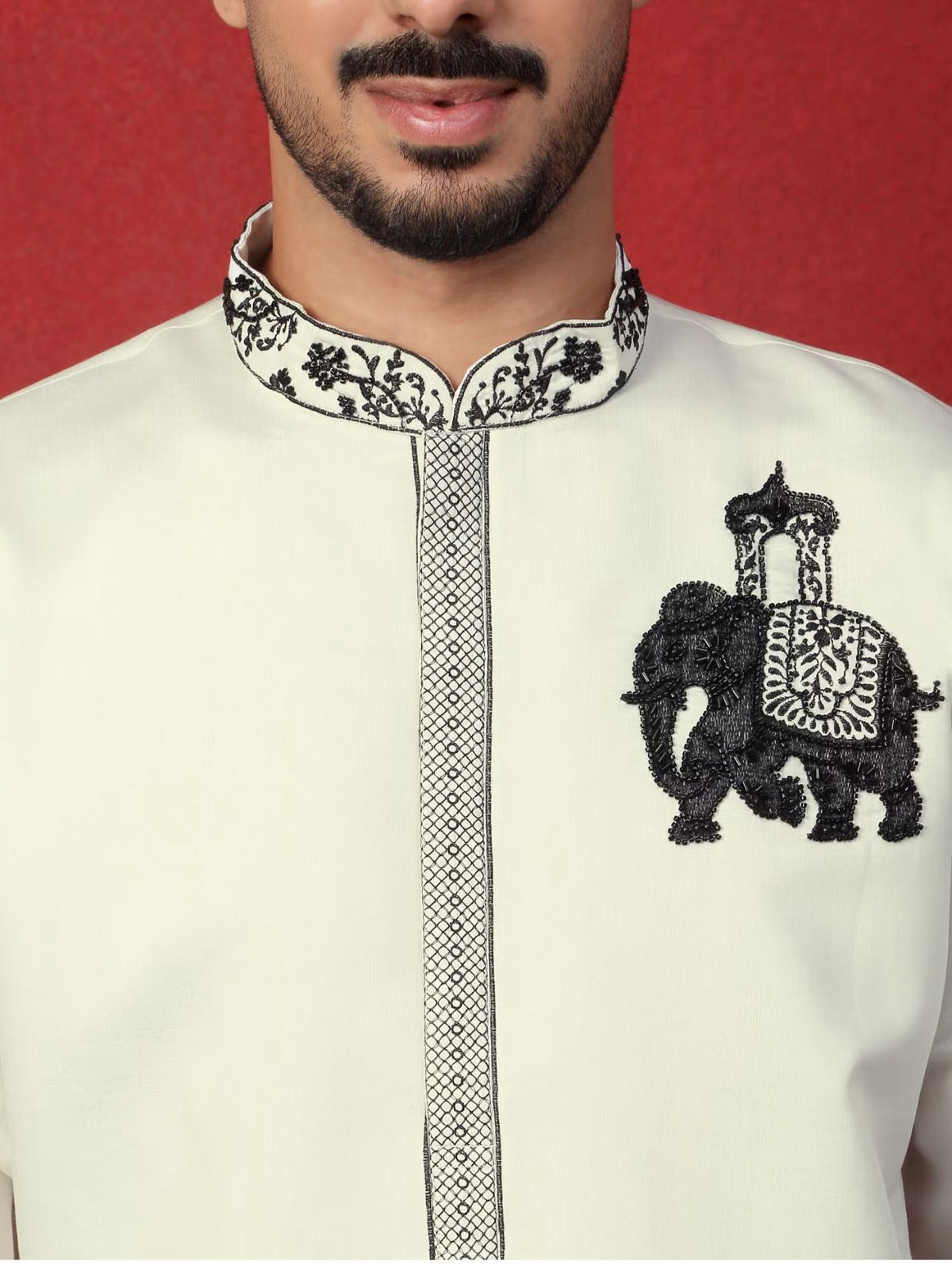 Men's Cotton Silk Beads Work Animal Motifs Cream Kurta with Pant in Berlin
