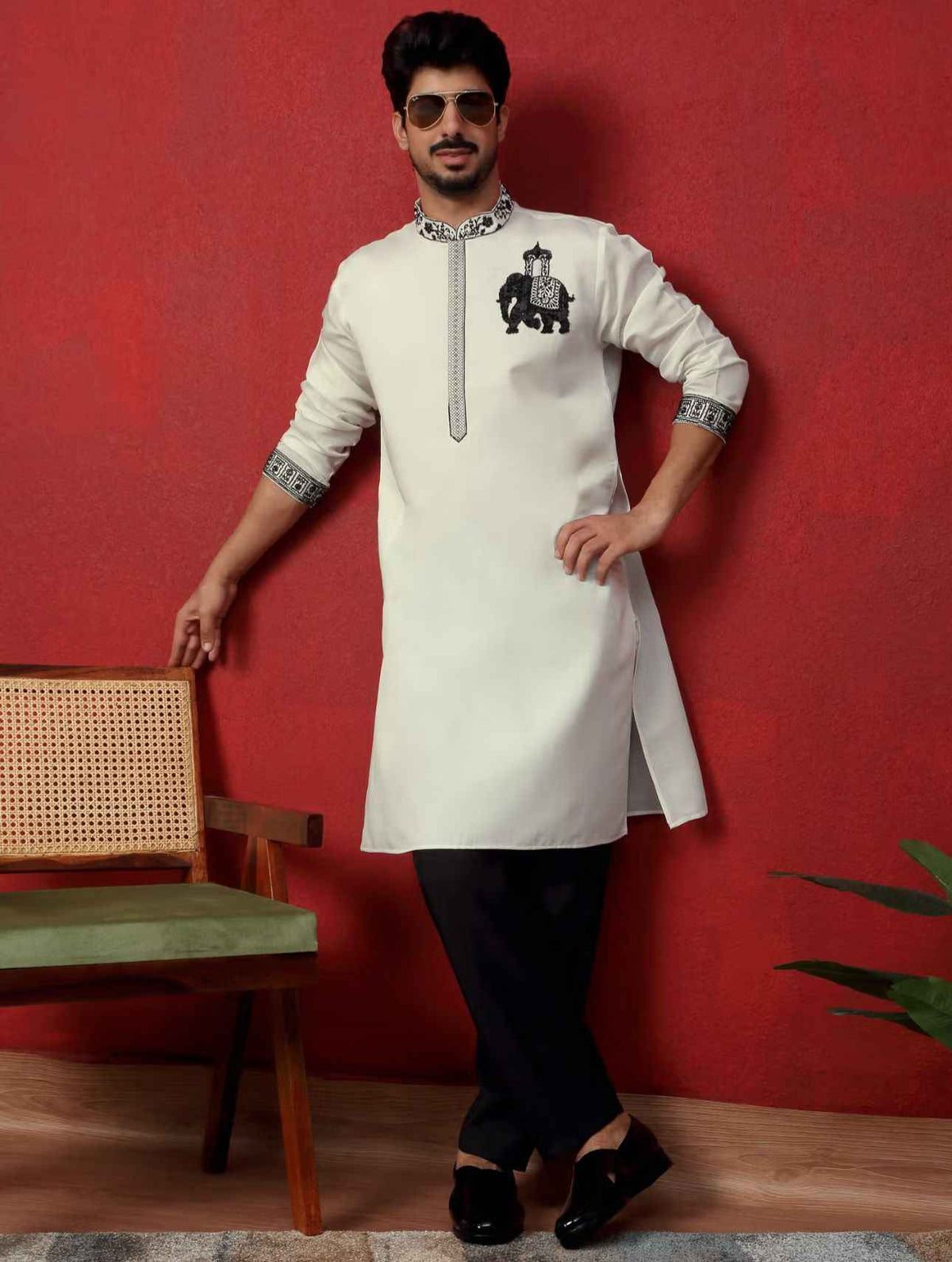 Men's Cotton Silk Beads Work Animal Motifs Cream Kurta with Pant in Berlin