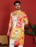 Men's Mustard Cotton Silk Floral Kurta With Pant in Germany