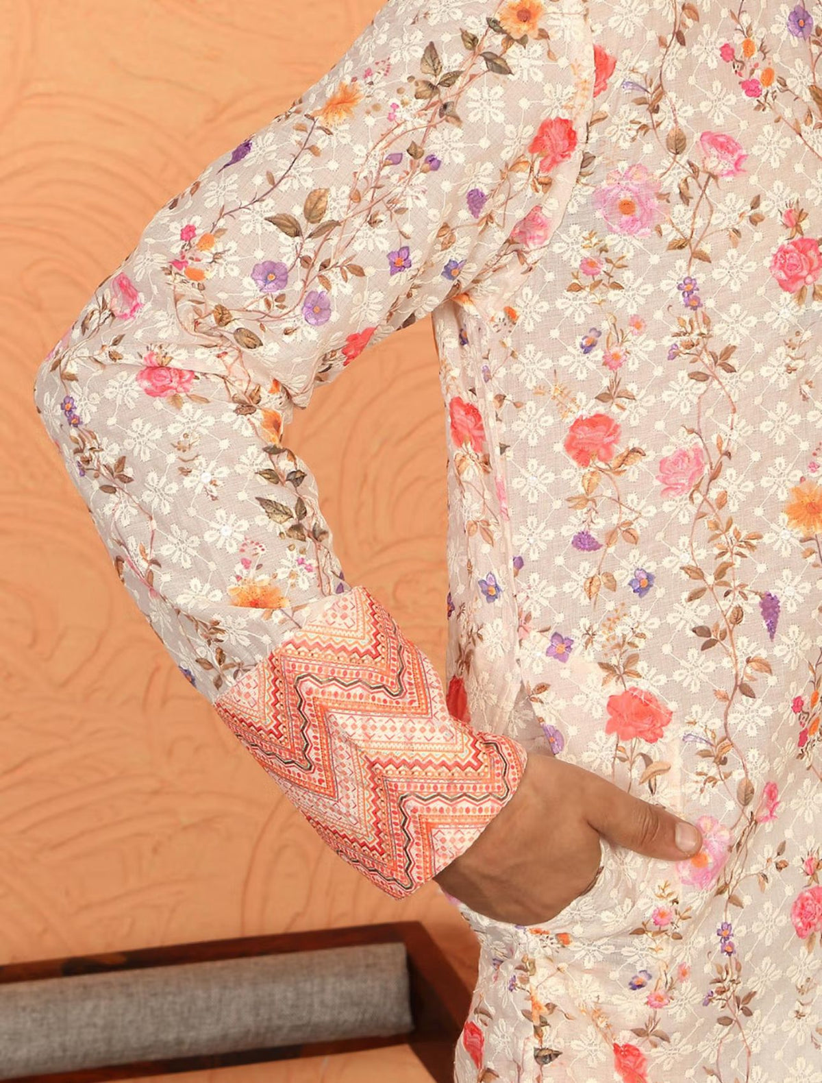 Beige Cotton Floral Kurta with Pyjama in Germany