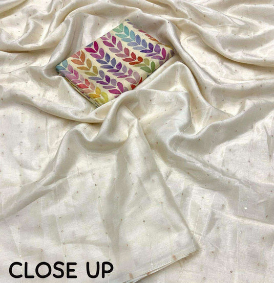 Ivory Off White Soft Cotton Linen Sequence Saree with Crape Printed Blouse in Germany Namma Markt