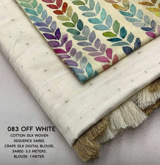 Ivory Off White Soft Cotton Linen Sequence Saree with Crape Printed Blouse in Germany Namma Markt