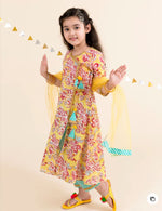 Girls Yellow Floral Print Cotton Angrakha Kurta & Pant With Dupatta in Germany