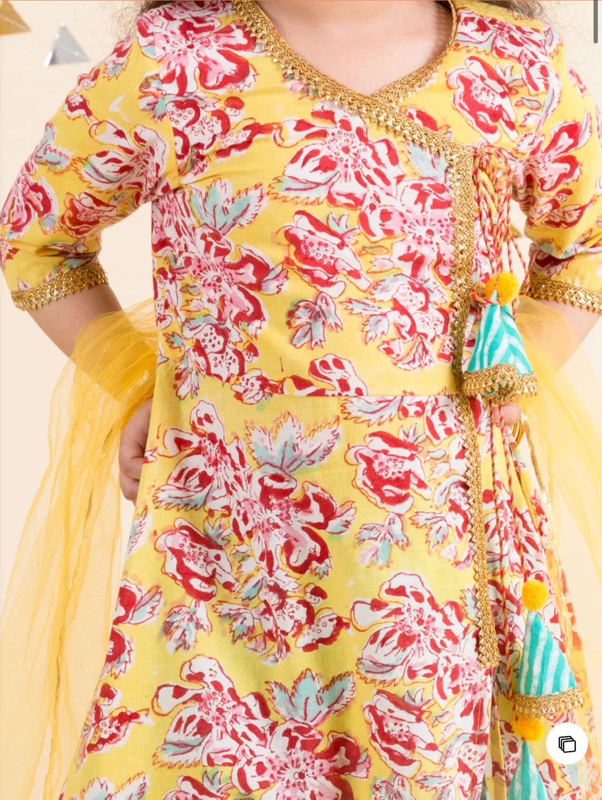 Girls Yellow Floral Print Cotton Angrakha Kurta & Pant With Dupatta in Germany