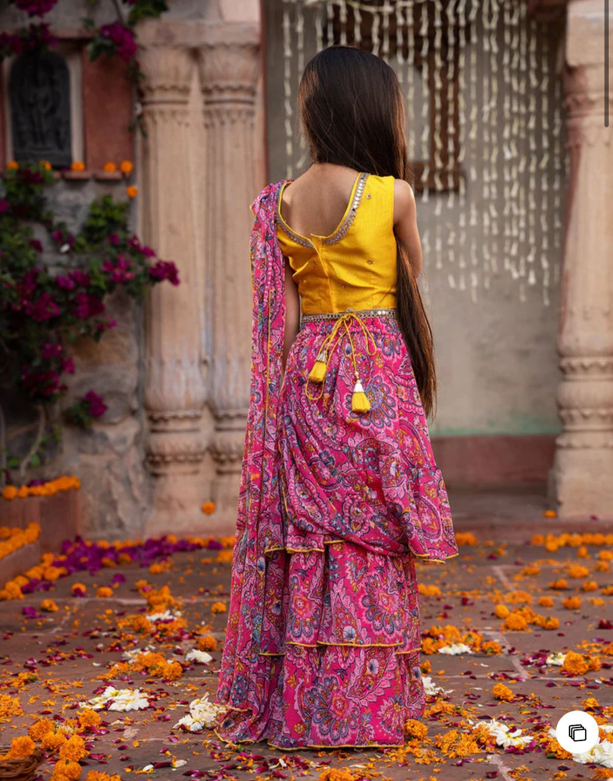 Girls Pink & Yellow Ethnic Floral Print Cotton Layerd Lehenga & Choli With Dupatta in Berlin