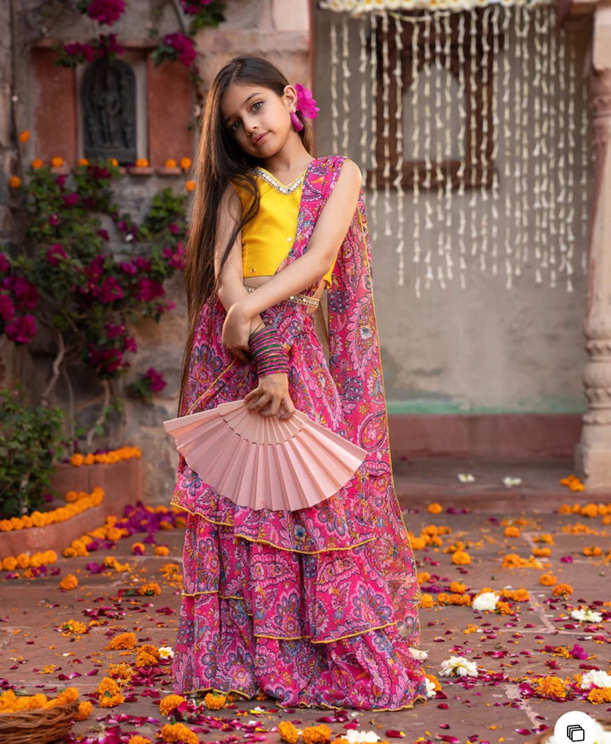 Girls Pink & Yellow Ethnic Floral Print Cotton Layerd Lehenga & Choli With Dupatta in Berlin